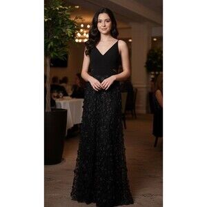Black Formal Gown With 3D Floral Appliqué, Size 4, (NWOT)